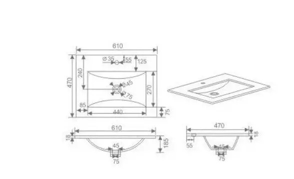 LAVABO UGRADNI TANKI 61X46CRNI