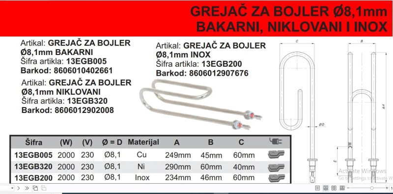 GREJAČ BOJLERA NIKL 2000W8,1mm