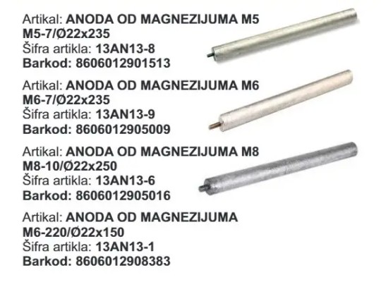 ANODA MAGNEZIJUM M6-220 22X150